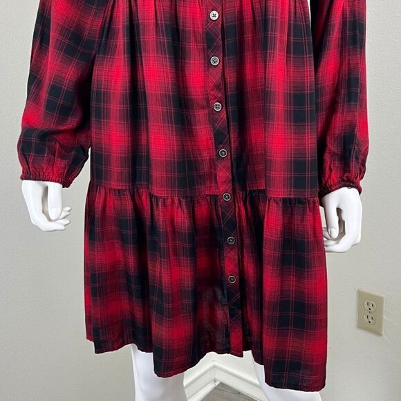 Knox Rose Womens Size M Red Plaid Long Sleeve Tiered Button Down Mini Dress - Picture 4 of 13